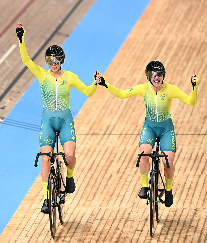 Silver medalist Georgia Baker of Team Australia and Gold medalist Alyssa Polites of Team Australia celebrate during the Women's Elimination Race - Final in the Track Cycling on day ten of the Glasgow 2026 Commonwealth Games at Sir Chris Hoy Velodrome on August 02, 2026 in Glasgow, Scotland. 