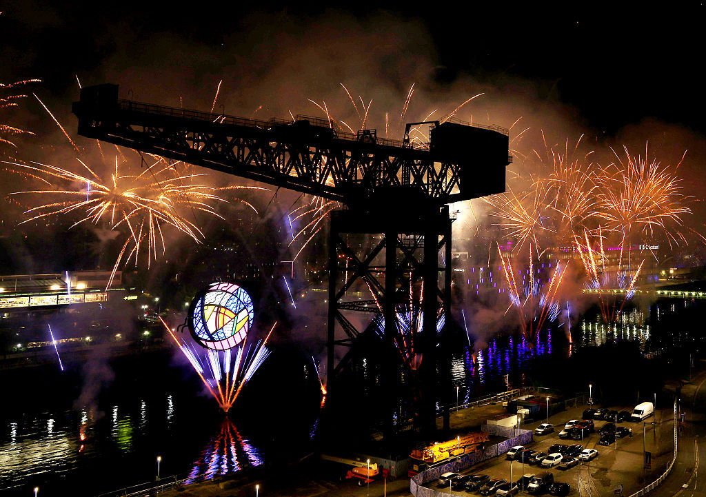 A fireworks display takes place on the River Clyde during the Closing Ceremony on day ten of the Glasgow 2026 Commonwealth Games at The Hydro on August 02, 2026 in Glasgow, Scotland. 
