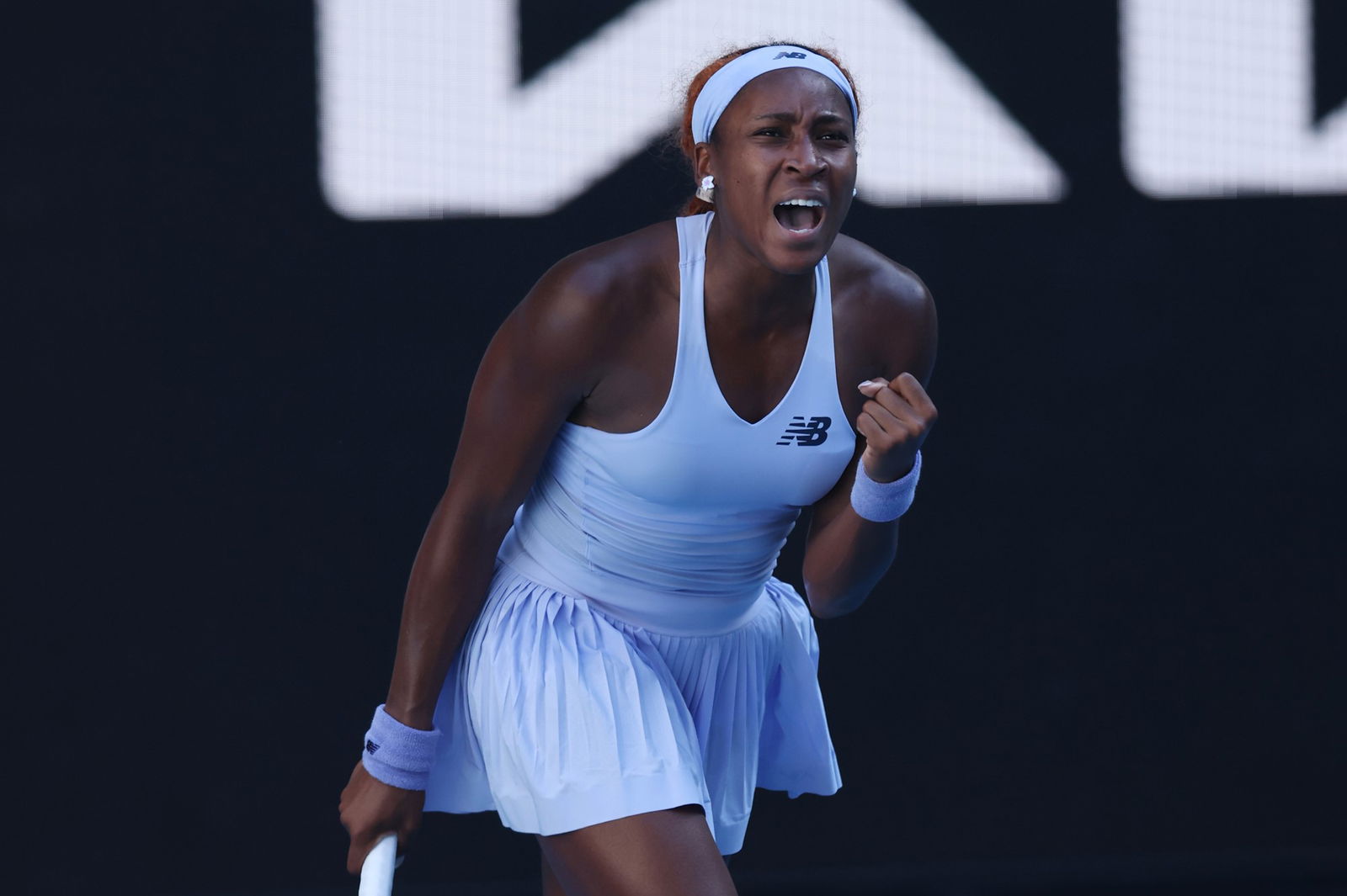Coco Gauff of the United States celebrates her victory against Hailey Baptiste of the United States in the Women's Singles Third Round during day six of the 2026 Australian Open at Melbourne Park on January 23, 2026 in Melbourne, Australia.