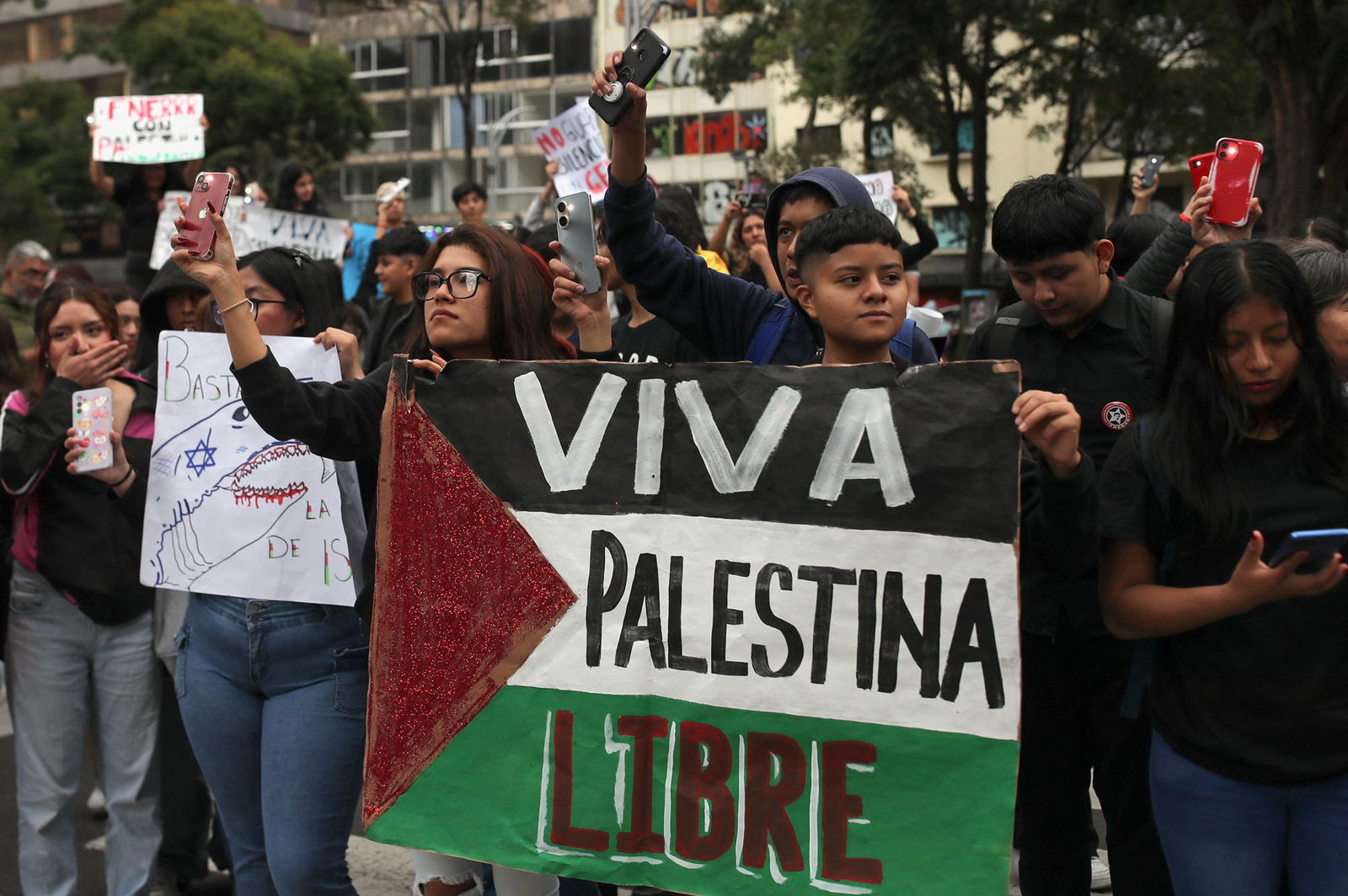 A person holds a Palestine flag in a crowd with the words Viva Palestina Libre