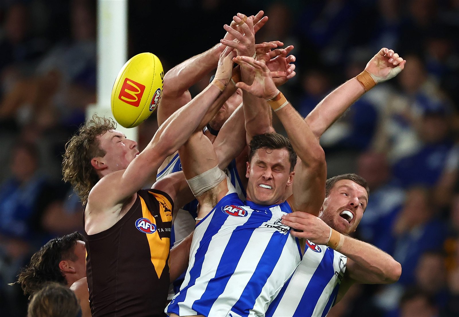 Marking contest with Hawthorn and North Melbourne players