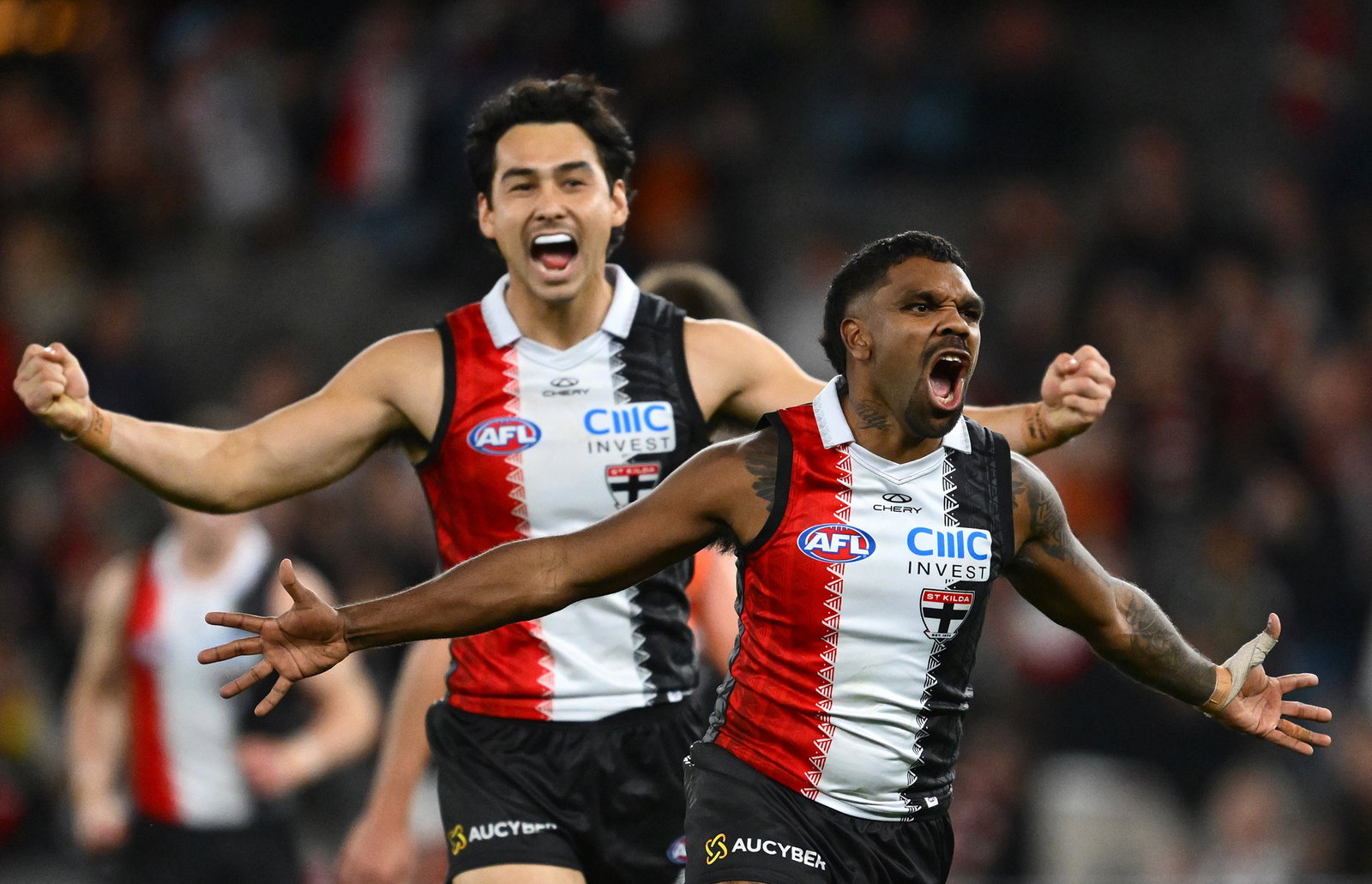 Liam Ryan of the Saints celebrates kicking a goal during the round 14 AFL match between St Kilda Saints and Greater Western Sydney Giants at Docklands, on June 14, 2026, in Melbourne, Australia.