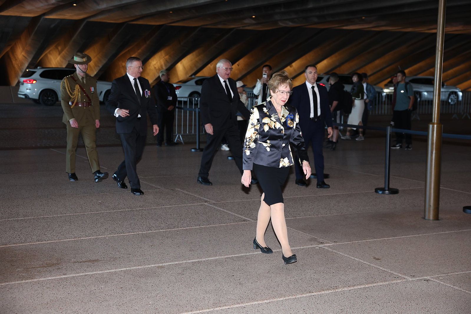 NSW Governor Margaret Beazley in dark floral top.