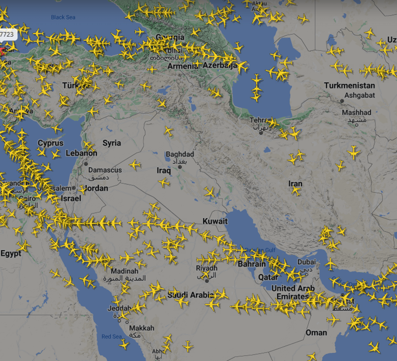 A map of the Middle East, with yellow plane icons in two lines north of Syria and south of Israel