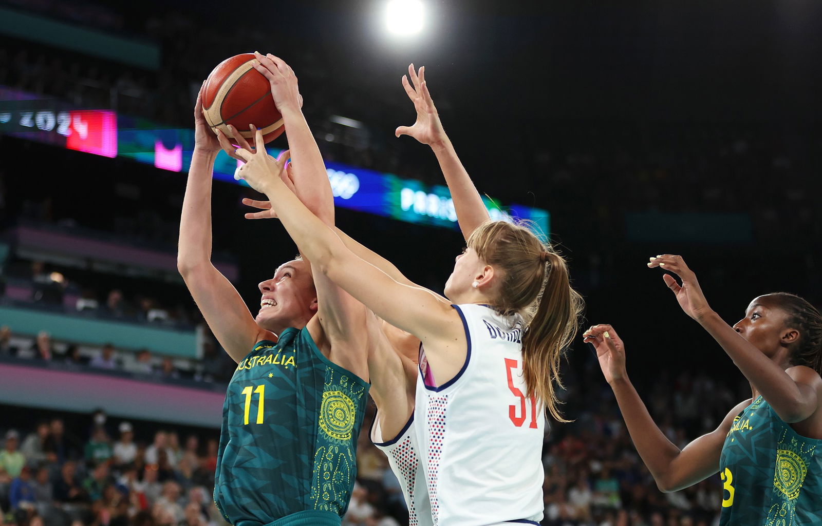 Alanna Smith #11 of Team Australia competes for r during the Women's Quarterfinal match between Team Serbia and Team Australia