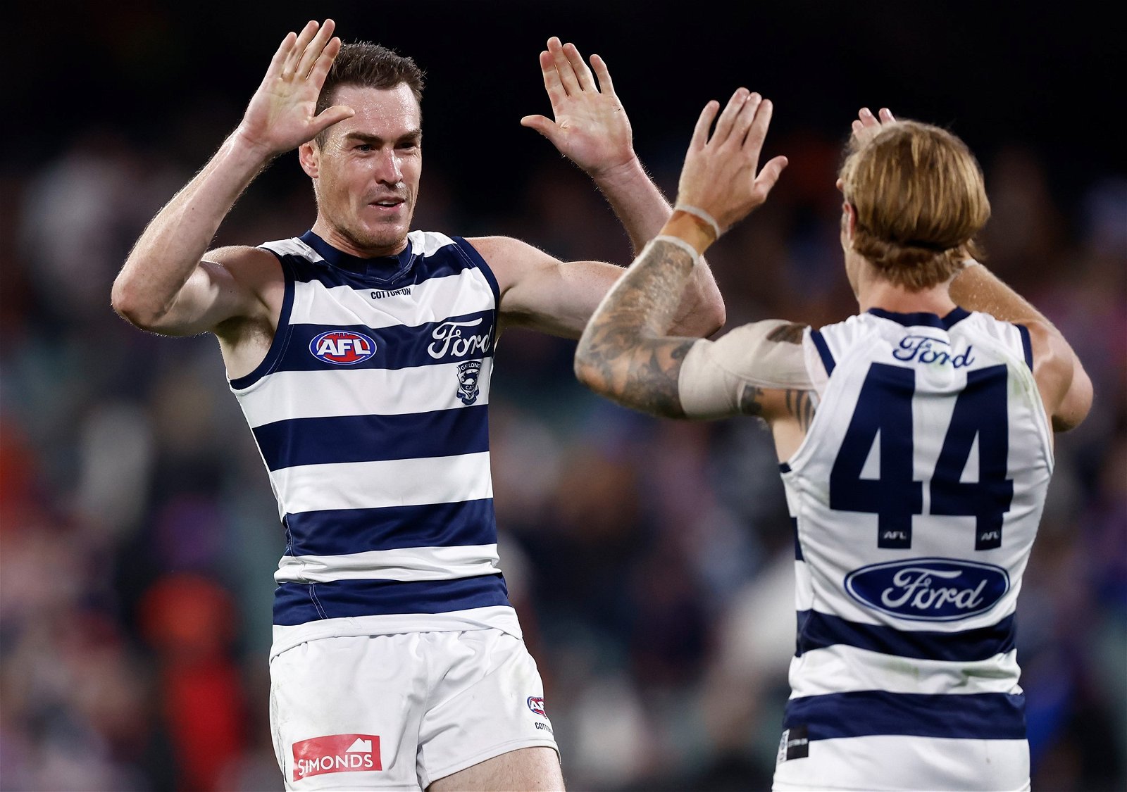 Jeremy Cameron and Tom Stewart celebrate for Geelong.