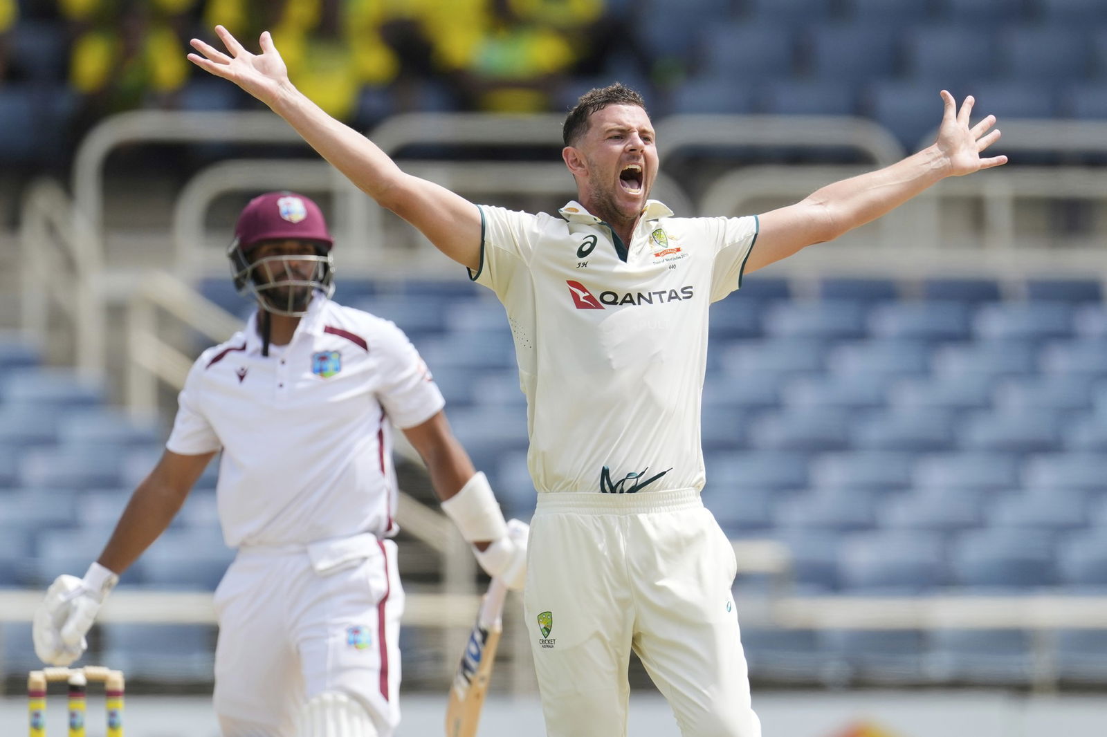 Josh Hazlewood extends his arms to appeal for a wicket.