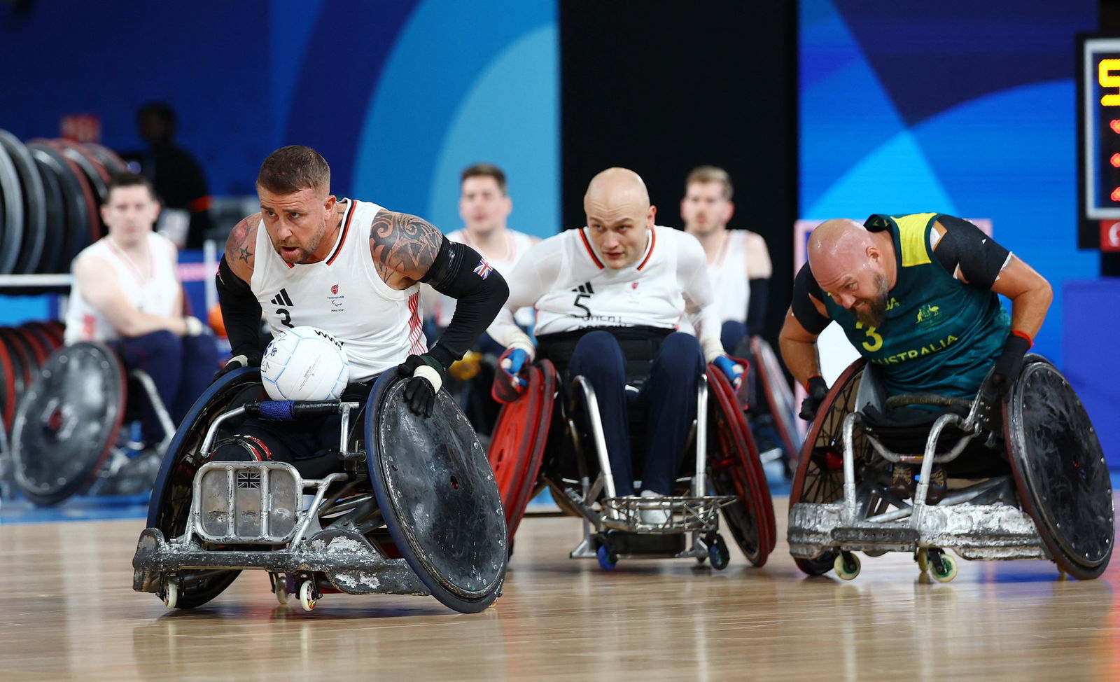 Great Britain playing Australian in Paralympic wheelchair rugby.