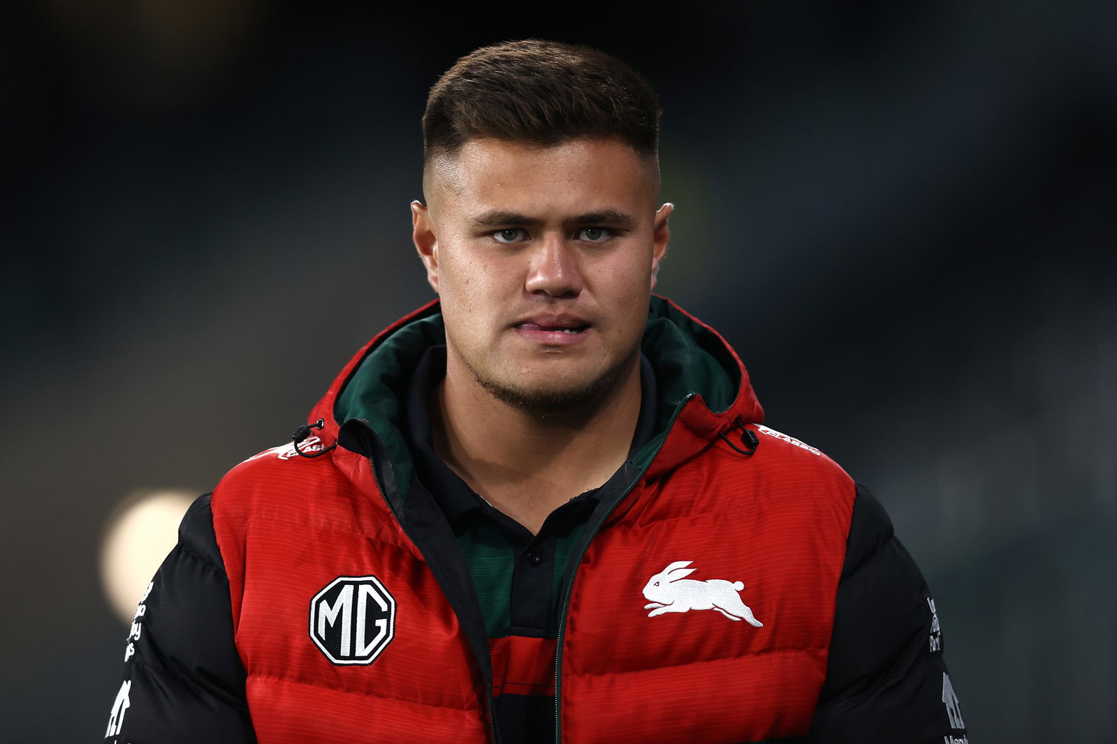 Josh Schuster of the Rabbitohs looks on during the round one NRL match between the Dolphins and South Sydney Rabbitohs