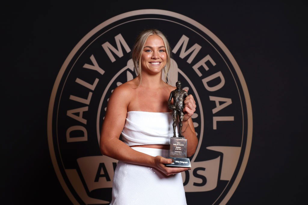 Kasey Reh with her NRLW rookie of the year award at the Dally M Awards.