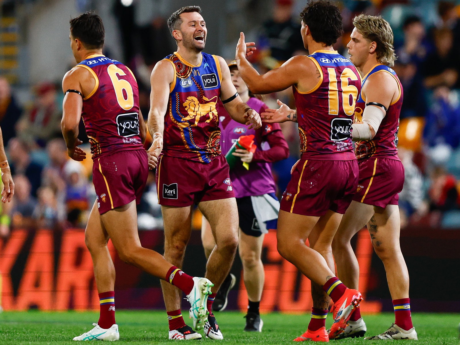 Conor McKenna of the Lions celebrates a goal during the 2026 AFL Round 18 match between the Brisbane Lions and the Essendon Bombers at the Gabba on July 12, 2026 in Brisbane, Australia.
