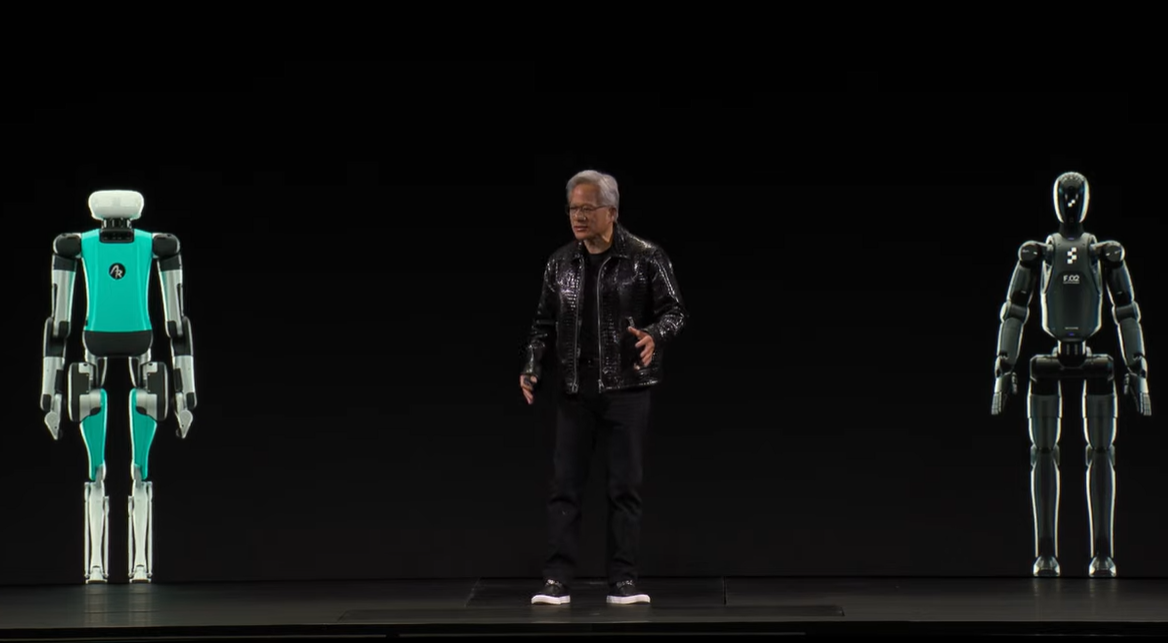 Robots appear on stage alongside Nvidia CEO Jensen Huang