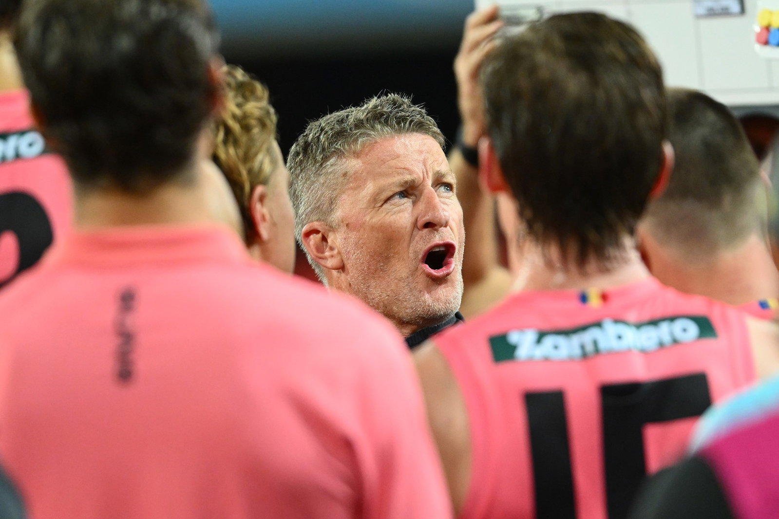 Damien Hardwick, Senior Coach of the Suns speaks to his players during the round 15 AFL match between Gold Coast Suns and Hawthorn Hawks on June 19, 2026, in Gold Coast, Australia.