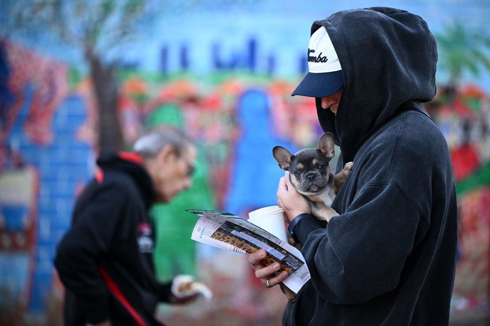 A man in a black hoodie holding a small puppy above some how to vote cards