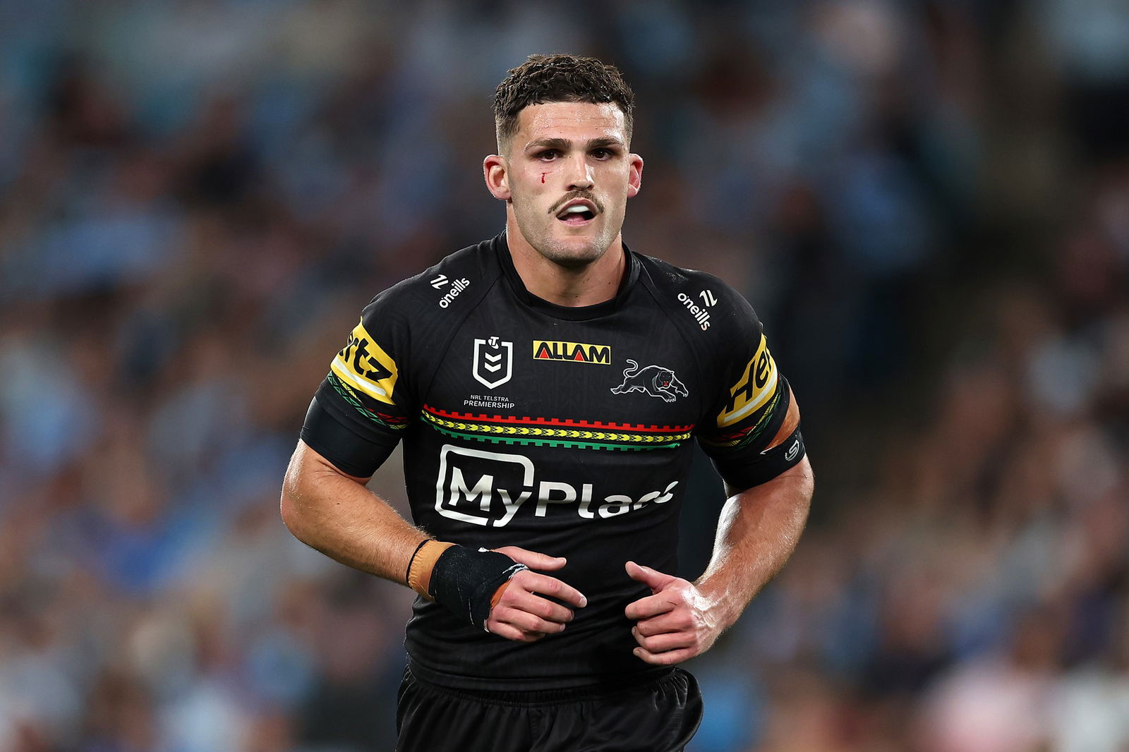 Penrith Panthers' Nathan Cleary runs on the field during an NRL finals game.