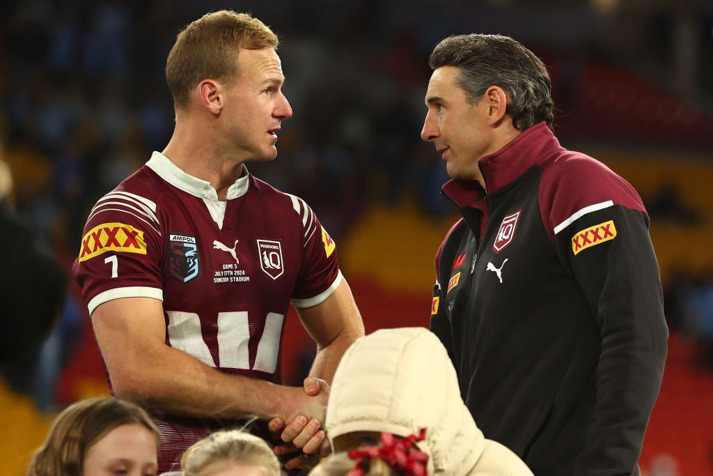 Queensland Maroons captain and coach Daly Cherry-Evans and Billy Slater shake hands after losing State of Origin III.