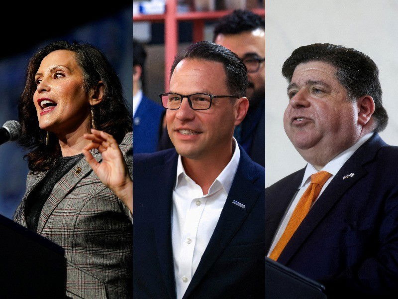 显示 Gretchen Whitmer、Josh Shapiro 和 J.B. Pritzker 的合成图像