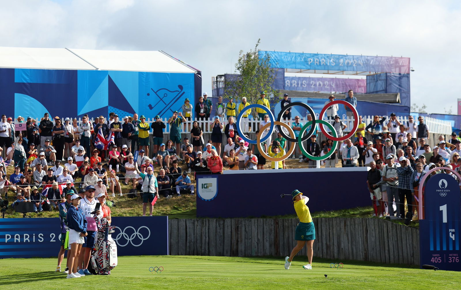 Hannah Green of Team Australia tees off on the first hole during Day One