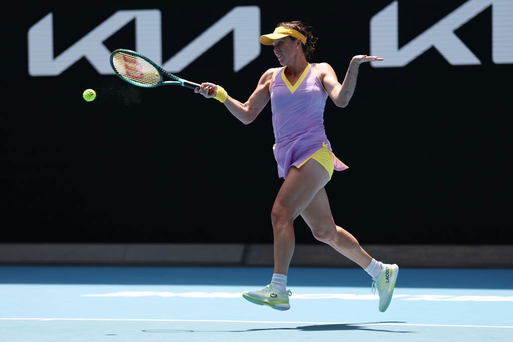 Anastasia Pavlyuchenkova hits a forehand at the Australian Open.