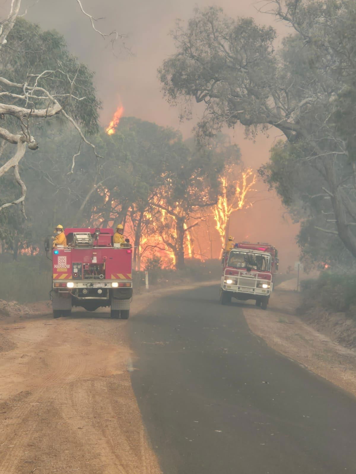 Two fire trucks on a bush road with flames in the background