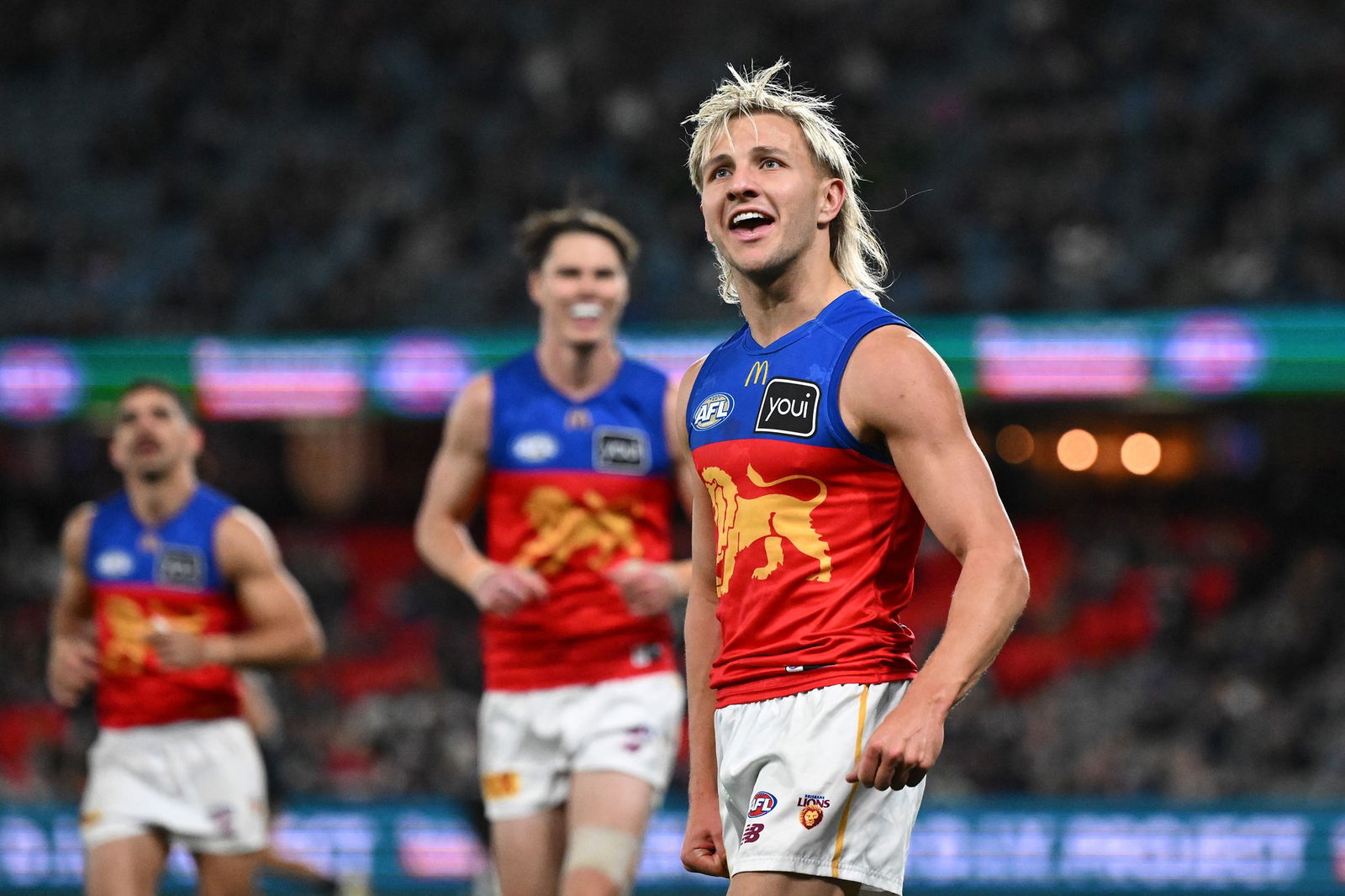 Brisbane's Kai Lohmann celebrates a goal against Carlton at Docklands on July 10, 2025.
