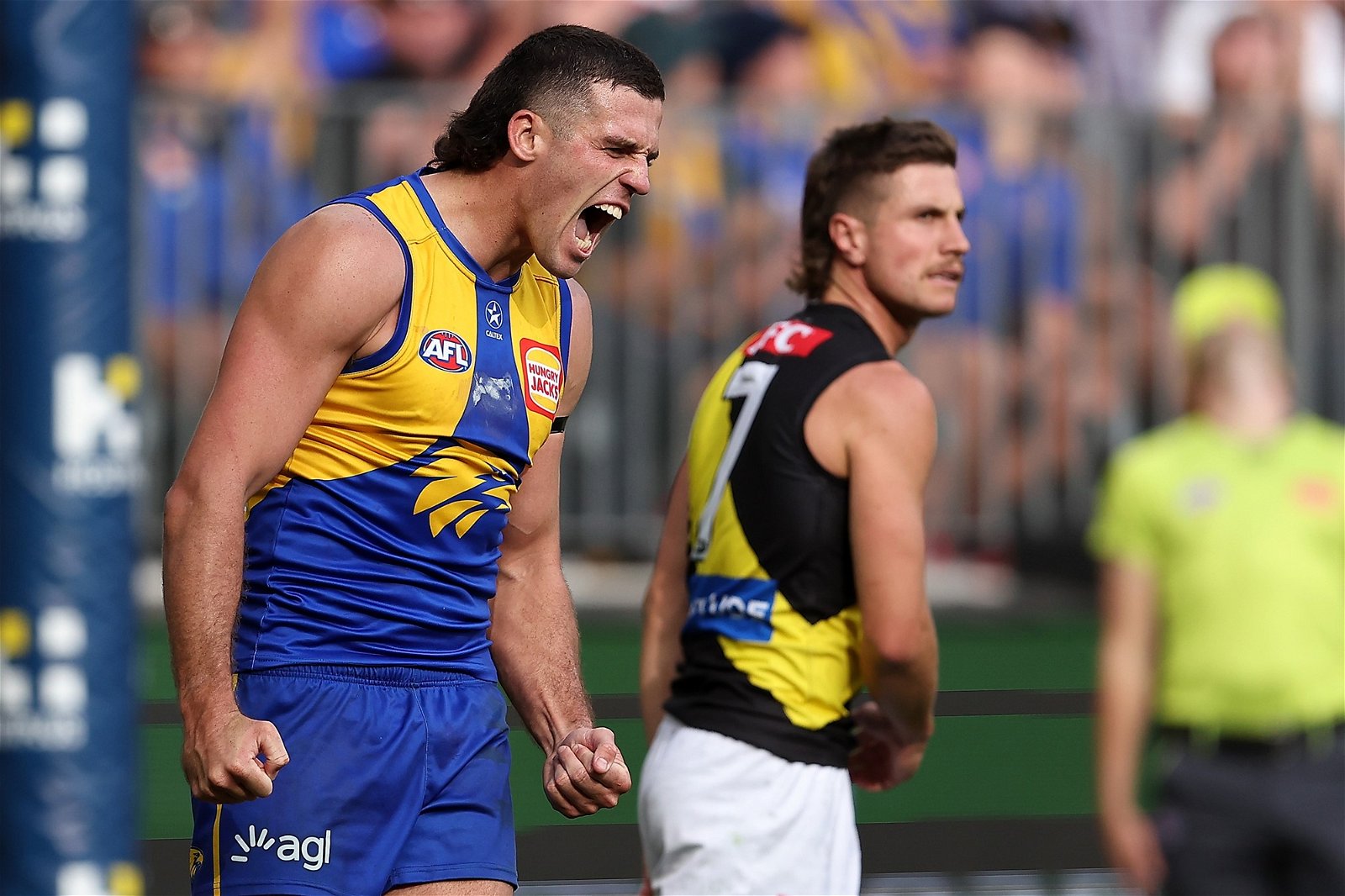 Jake Waterman of the Eagles celebrates a goal during the round five AFL match between West Coast Eagles and Richmond Tigers at Optus Stadium, on April 14, 2024, in Perth, Australia. 