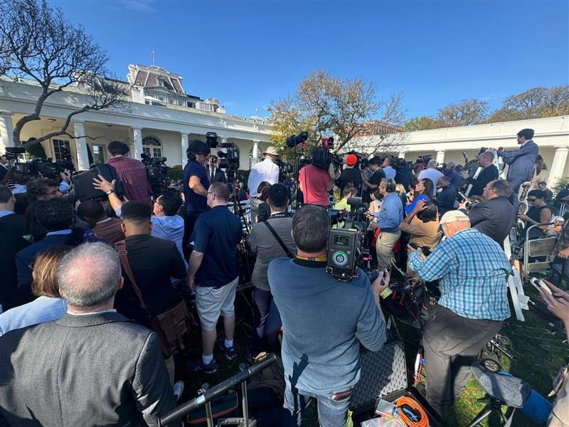 A large number of people, many of them carrying camera equipment, seen  from behind.