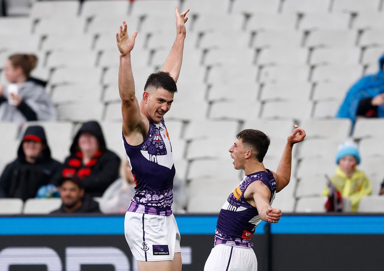 Pat Voss celebrates kicking his fourth goal after the half-time siren at the MCG.