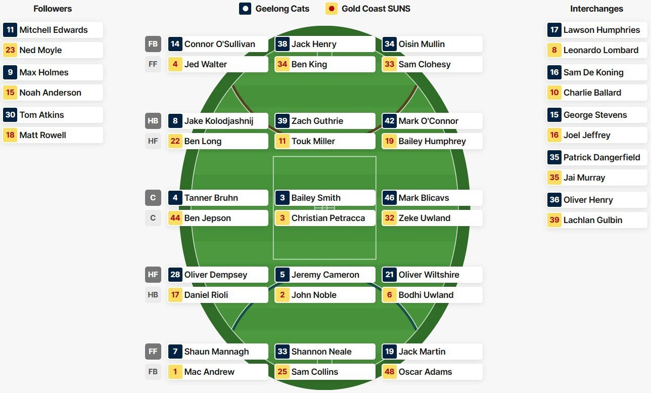 Alineaciones de los equipos de Geelong y Gold Coast para el choque de la Ronda 14 en Kardinia Park.