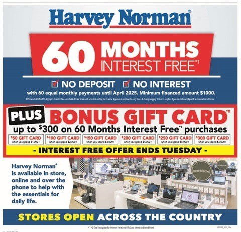 A newspaper advertisement for Harvey Norman showing a 60 months interest free offer with no deposit and no interest with 60 equal monthly payments, so long as the minimum financed amount was $1000.