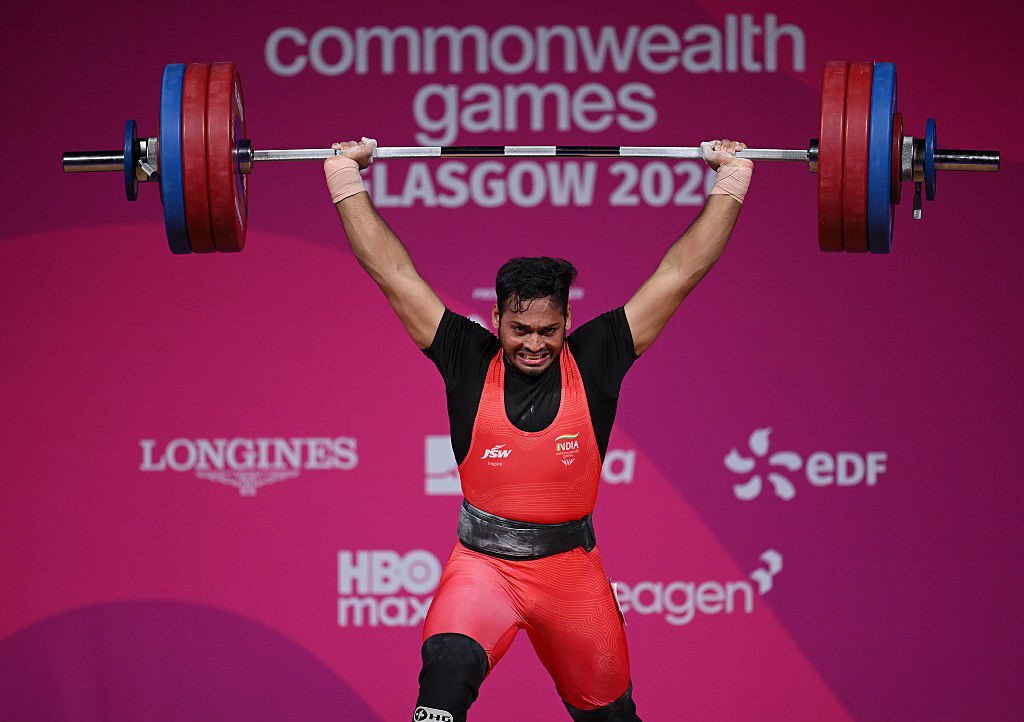 Valluri Ajaya Babu of Team India competes during the Men's 79kg Weightlifting on day four of the Glasgow 2026 Commonwealth Games