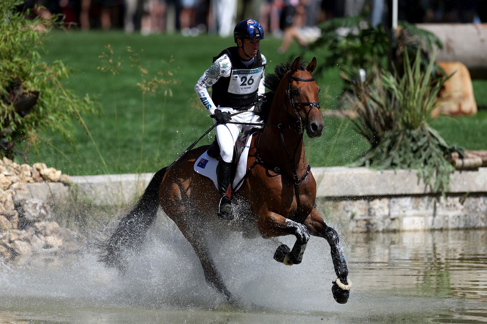 Kevin McNab rides his orse Don Quidam through water