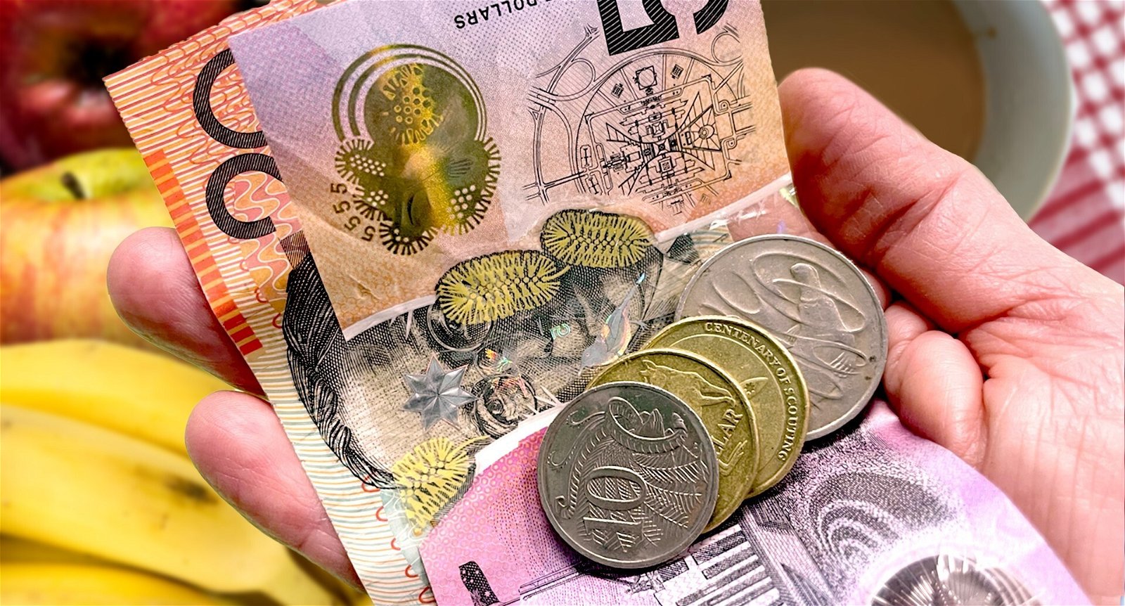 Australian cash and coins being held in a hand.