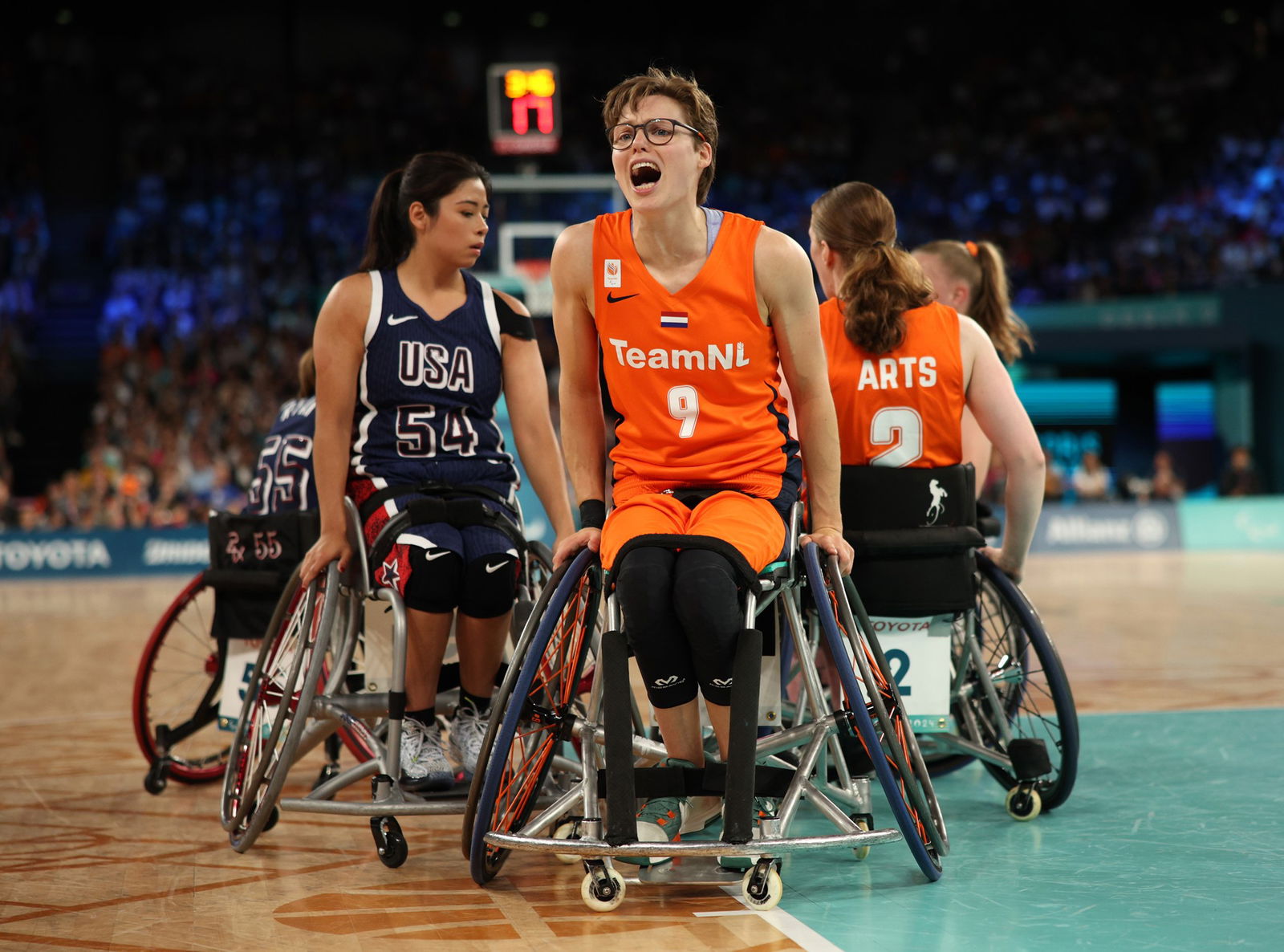 Bo Kramer reacts during women's wheelchair basketball final.