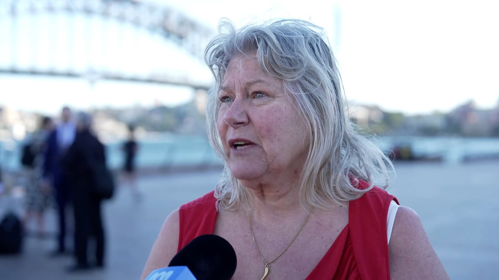 Gai Alderson in a red top, gold necklace, grey hair, talking in front of the harbour bridge.