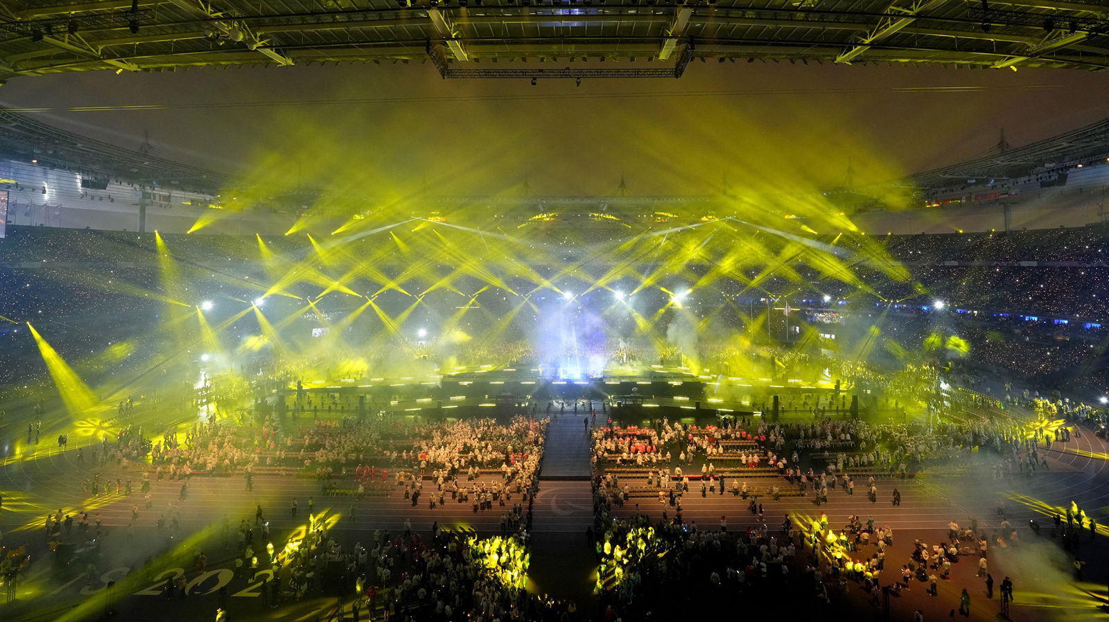 A general view of the Stade de France during a light show