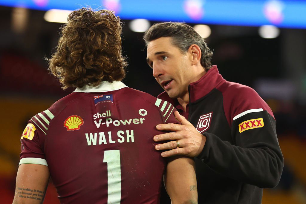 Queensland Maroons coach Billy Slater consoles Reece Walsh after losing State of Origin III.