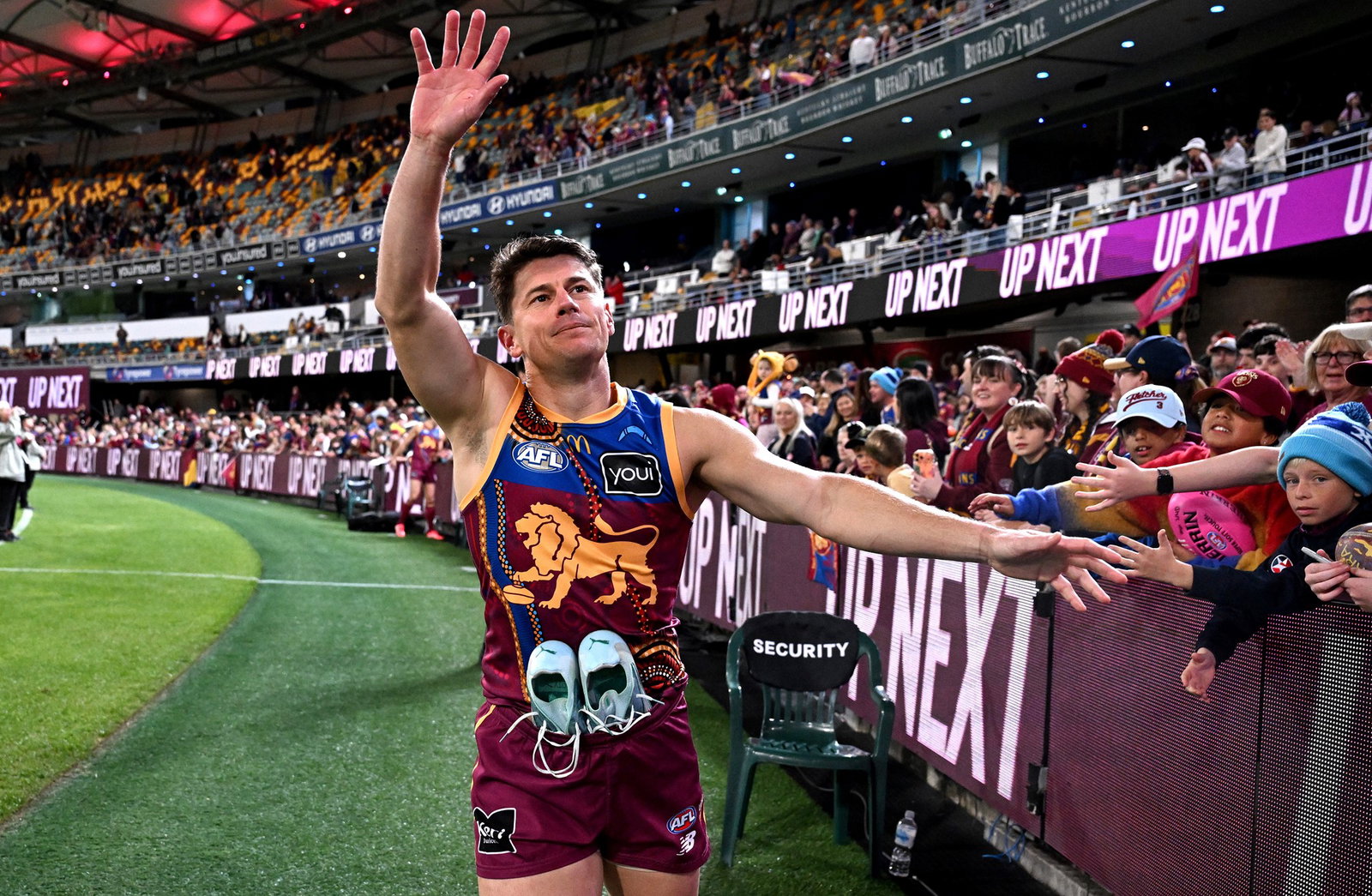 Dayne Zorko of the Lions celebrates victory as he thanks the fans after the round 18 AFL match between Brisbane Lions and Essendon Bombers at The Gabba, on July 12, 2026, in Brisbane, Australia.