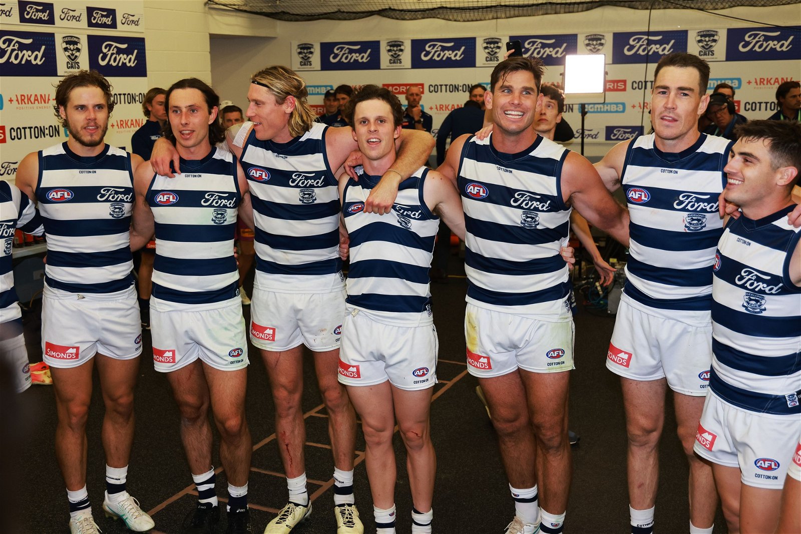 Geelong players in a huddle