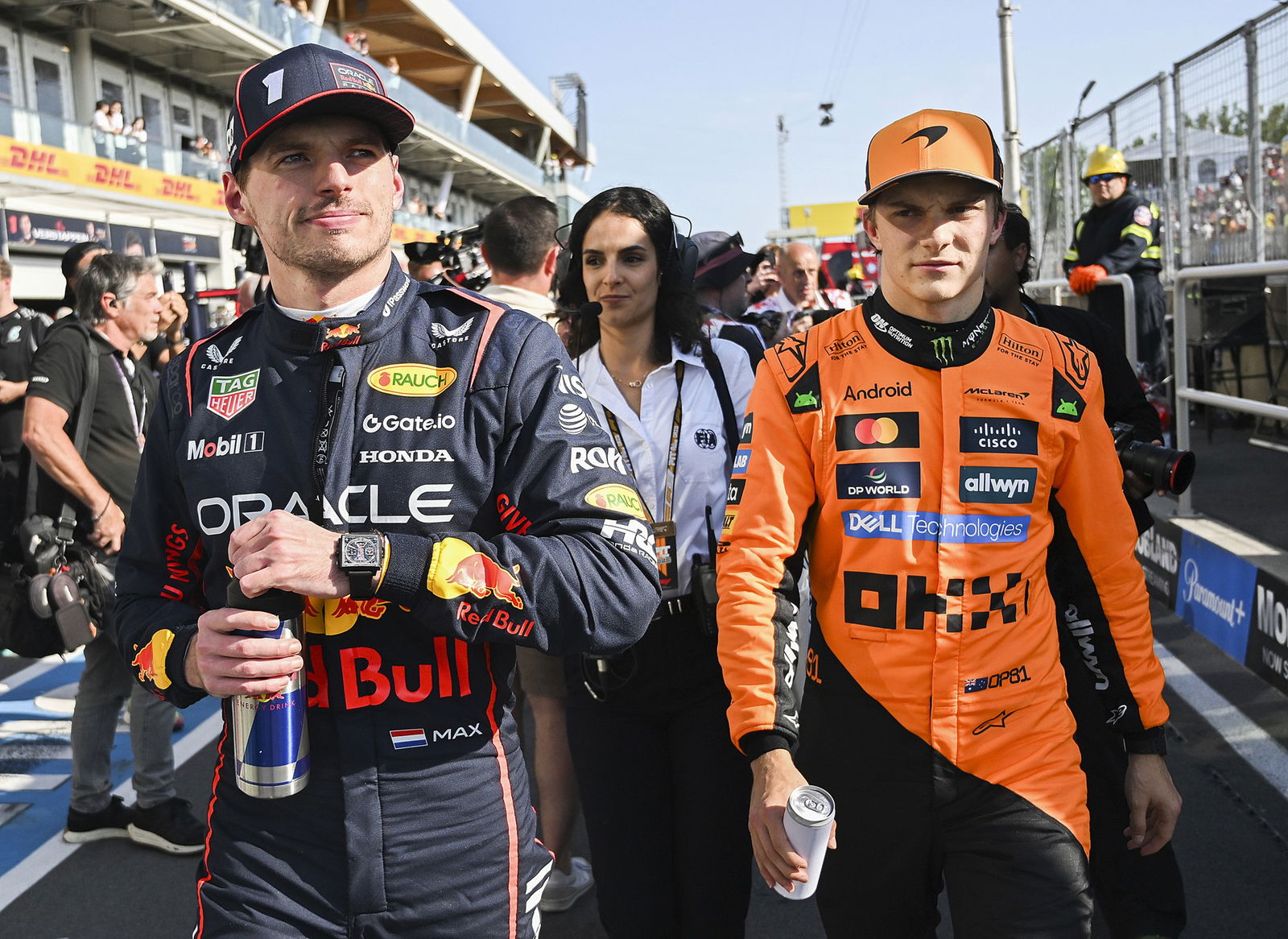 McLaren driver Oscar Piastri (right) with world champion Max Verstappen (left).