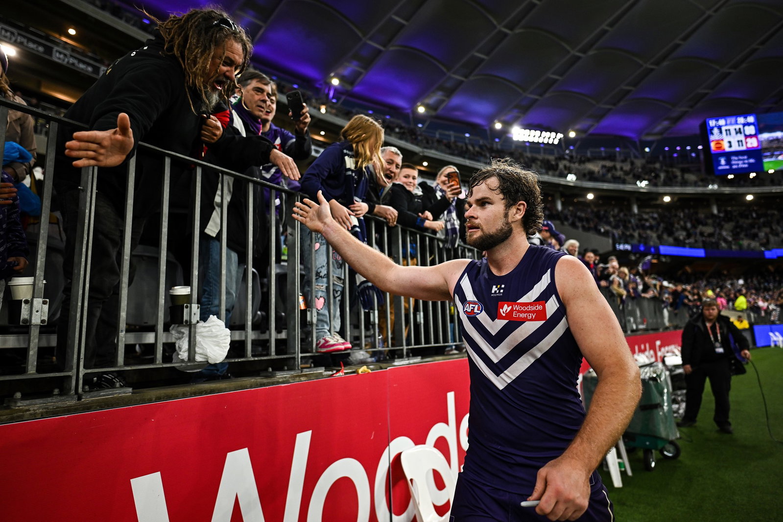 Sean Darcy of the Dockers celebrates the win with the fans during the 2026 AFL Round 16 match between the Fremantle Dockers and the Gold Coast Suns at Perth Stadium on June 28, 2026 in Perth, Australia.