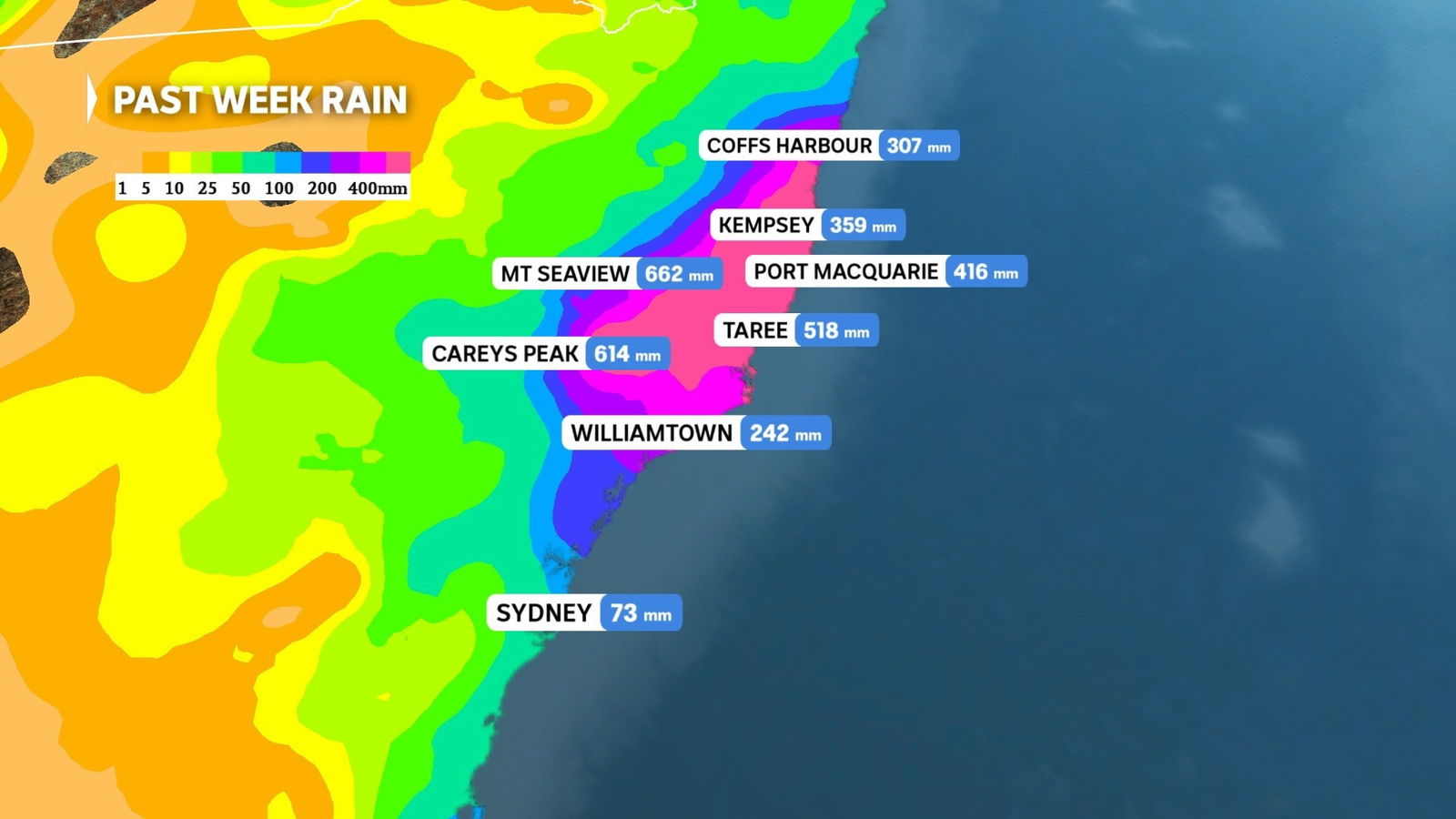 Map of NSW with different colours showing towns and ranfall totals across Mid North Coast.