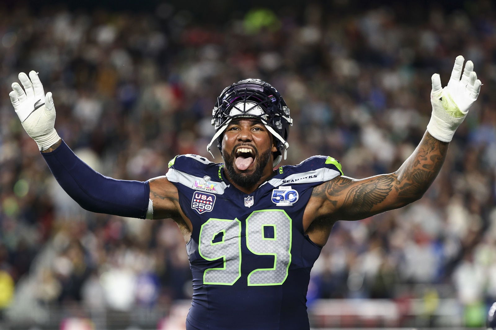 Leonard Williams celebrates as the Seattle Seahawks win the Super Bowl.