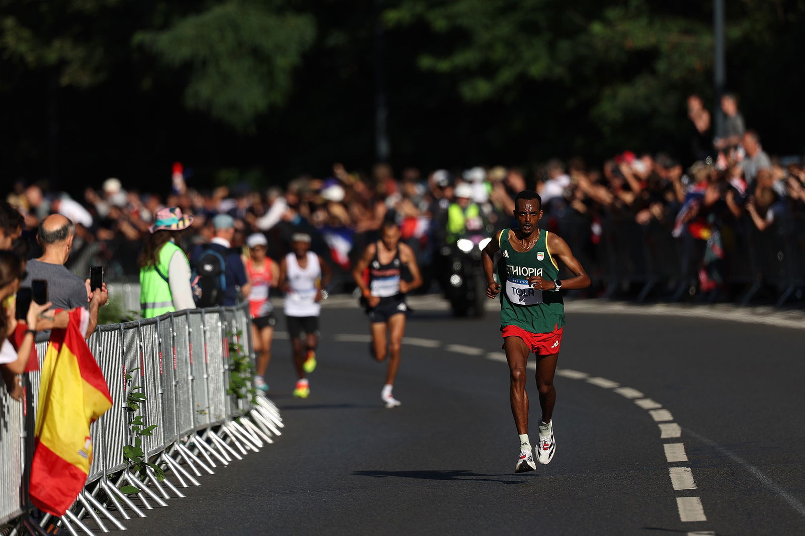 Tamirat Tola runs in the men's marathon at the Paris Olympics