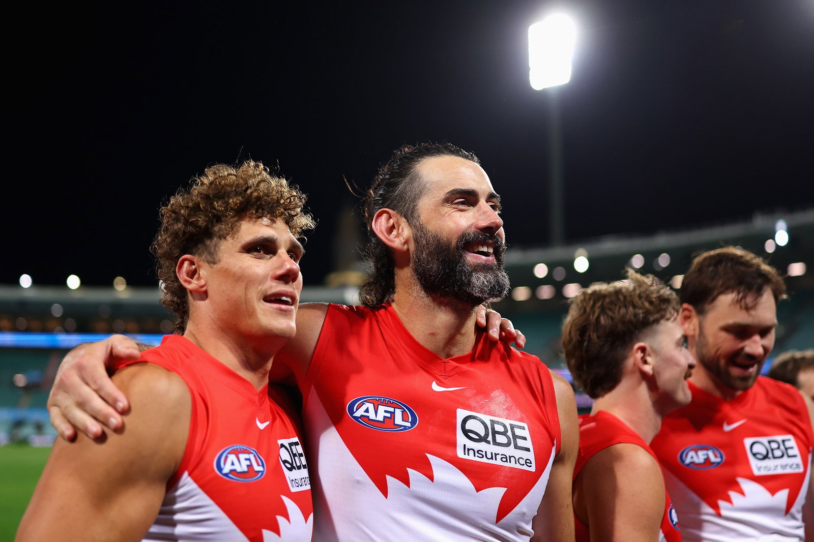 Charlie Curnow of the Swans and Brodie Grundy of the Swans celebrate after winning the round six AFL match between Sydney Swans and Greater Western Sydney Giants at SCG, on April 17, 2026, in Sydney, Australia.