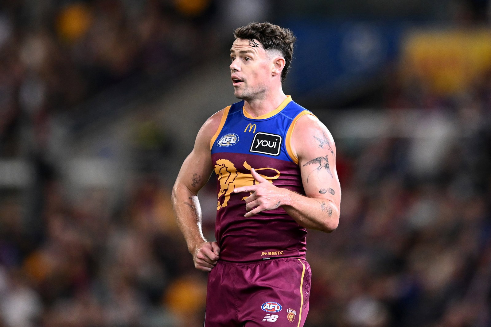 Lachie Neale of the Lions gestures during the round nine AFL match between Brisbane Lions and Carlton Blues at The Gabba, on May 08, 2026, in Brisbane, Australia.