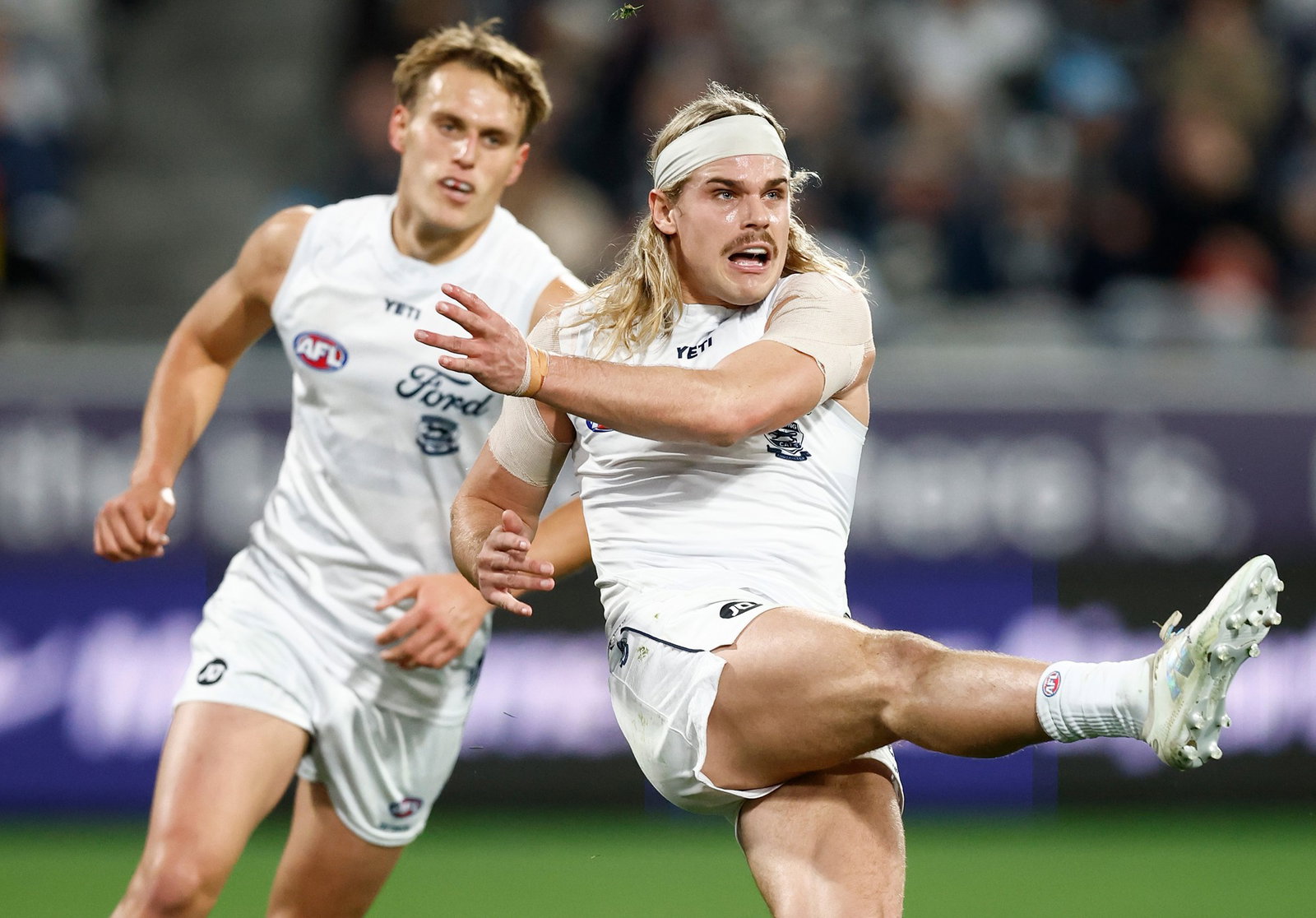 Bailey Smith (right) starred again as Geelong cruised to a 45-point win over Gold Coast at Kardinia Park.