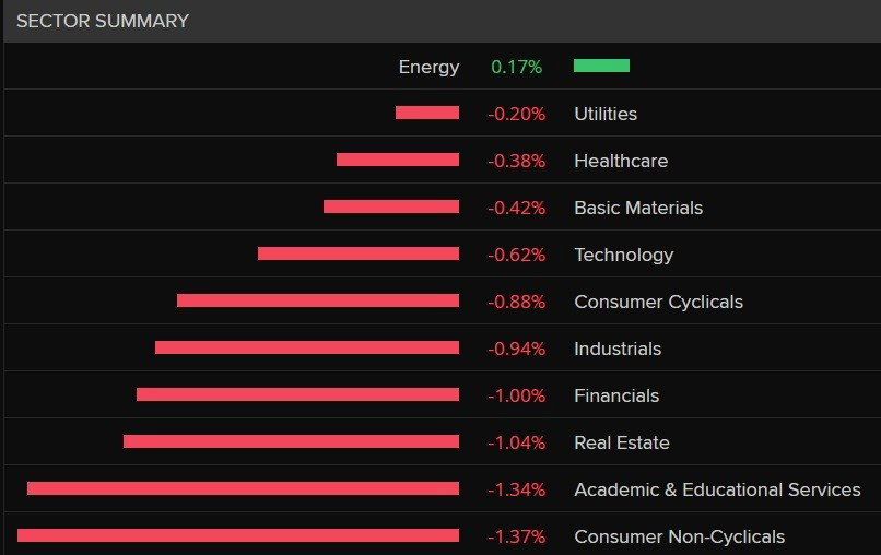 A bar chart showing every sector on the ASX 200 is down except for energy.