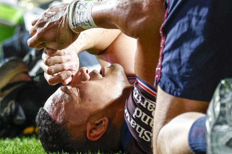 Siosiua Taukeiaho of the Sea Eagles sustains an injury while scoring a try during the NRL Round 10 match between the Manly Warringah Sea Eagles and the Brisbane Broncos