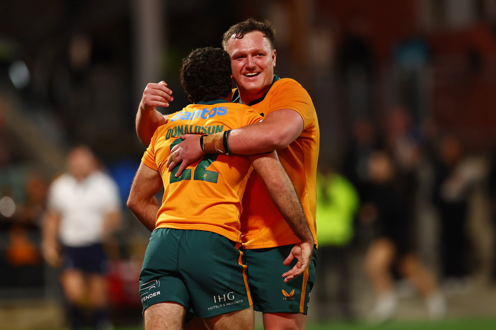Wallabies celebrate a try.